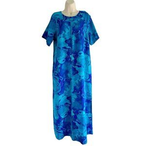 VTG Hale Muu Ala Moana Women's Sz M Blue Floral Zip Front Sheath Dress 60s Mod